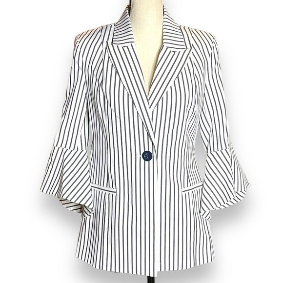 Cabi Women’s Blazer Jacket 3/4 Bell Sleeve Navy White Stripe Size 4 Horses Derby - Picture 12 of 12
